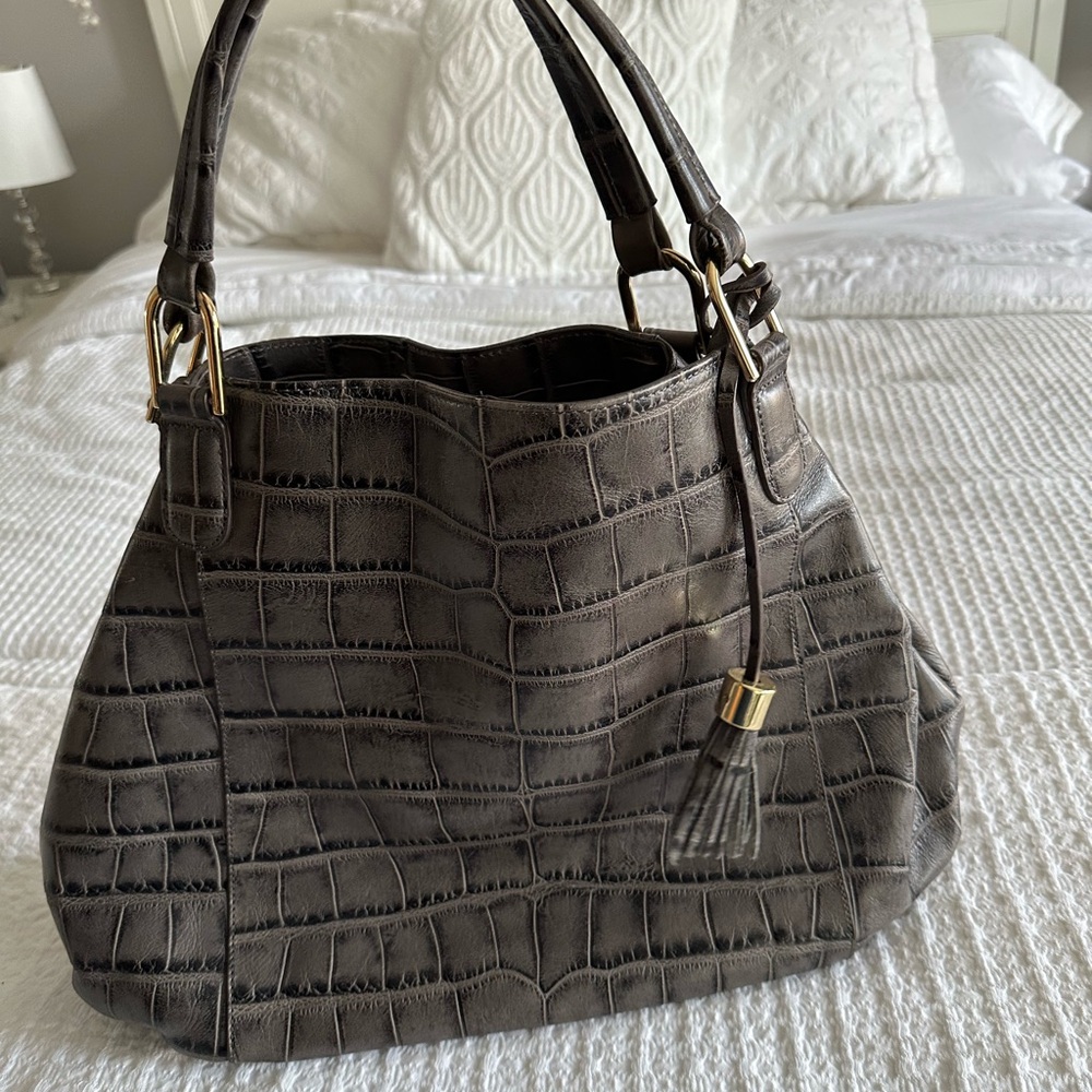 Croc-Embossed Shoulder Tote in Dark Gray